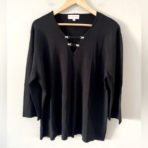 Philosophy Women’s Black Micro Knit Ribbed 3/4 Sleeve Casual V-Neck Edgy Sweater